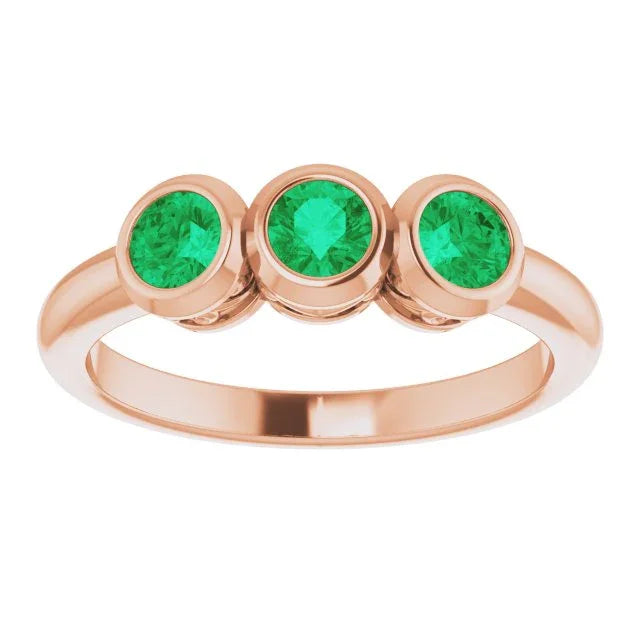14K Rose Lab-Grown Emerald Three-Stone Bezel-Set Ring 71996:6182:P