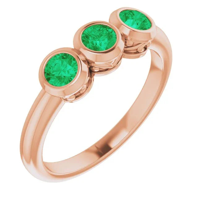 14K Rose Lab-Grown Emerald Three-Stone Bezel-Set Ring 71996:6097:P