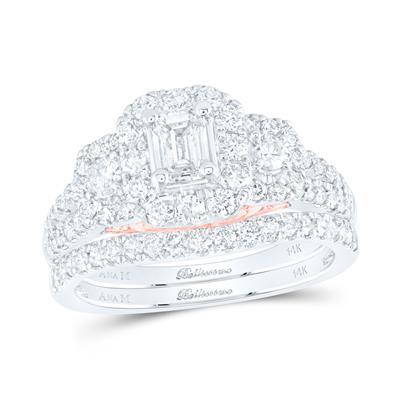 14K TWO-TONE GOLD EMERALD DIAMOND BRIDAL WEDDING RING SET 1-1/2 CTTW (CERTIFIED) Yumna Jewelers