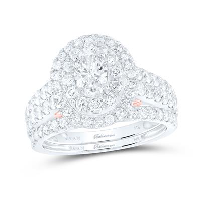 14K TWO-TONE GOLD OVAL DIAMOND HALO BRIDAL WEDDING RING SET 2 CTTW (CERTIFIED) Yumna Jewelers