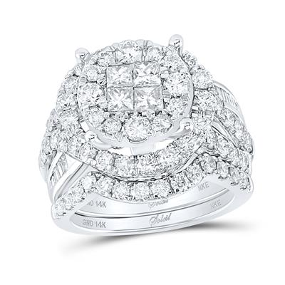 14K WHITE GOLD PRINCESS DIAMOND CLUSTER BRIDAL WEDDING RING SET 3 CTTW Yumna Jewelers