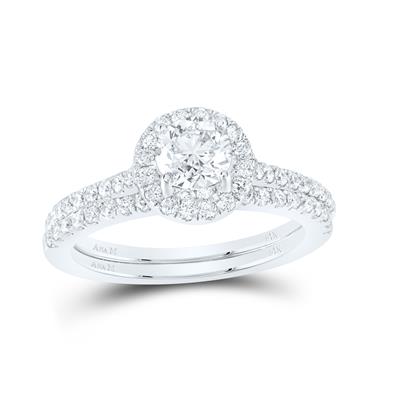 14K WHITE GOLD ROUND DIAMOND HALO BRIDAL WEDDING RING SET 1-1/4 CTTW (CERTIFIED) Yumna Jewelers