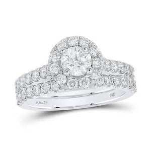 14K WHITE GOLD ROUND DIAMOND HALO BRIDAL WEDDING RING SET 1-3/4 CTTW (CERTIFIED) Yumna Jewelers