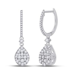 14K WHITE GOLD ROUND DIAMOND HOOP TEARDROP DANGLE EARRINGS 1 CTTW Yumna Jewelers