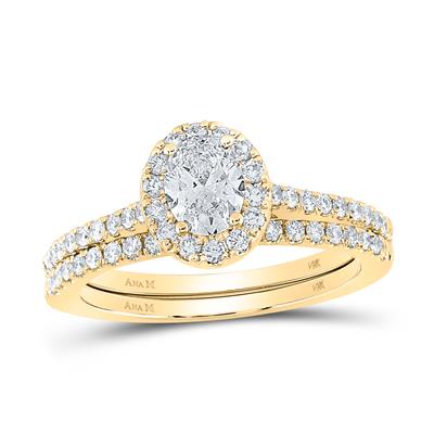 14K YELLOW GOLD OVAL DIAMOND HALO BRIDAL WEDDING RING SET 1 CTTW (CERTIFIED) Yumna Jewelers