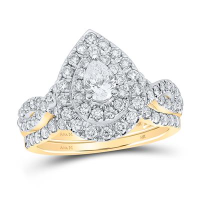 14K YELLOW GOLD PEAR DIAMOND HALO BRIDAL WEDDING RING SET 1-1/4 CTTW (CERTIFIED) Yumna Jewelers