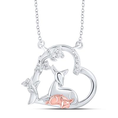 STERLING SILVER ROUND DIAMOND DEER FAWN HEART NICOLES DREAM COLLECTION NECKLACE 1/10 CTTW Yumna Jewelers