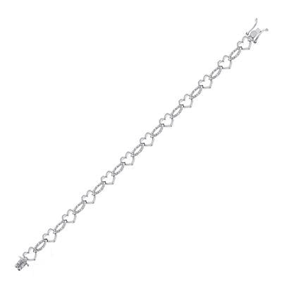 STERLING SILVER ROUND DIAMOND HEART OUTLINE LINK BRACELET 1/12 CTTW Yumna Jewelers