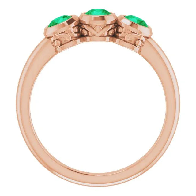 14K Rose Lab-Grown Emerald Three-Stone Bezel-Set Ring     71996:6182:P